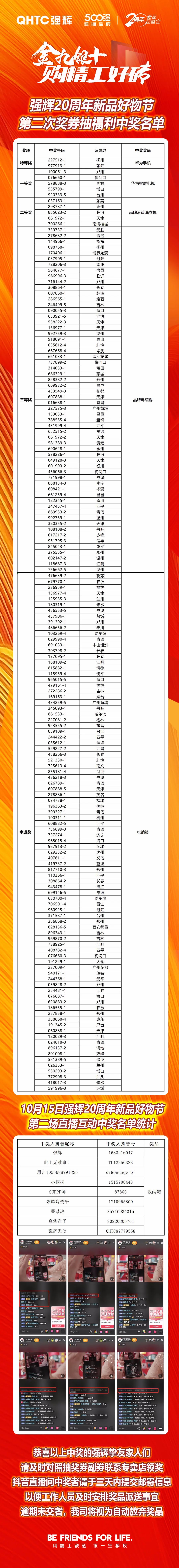 强辉20周年新品好物节第二场直播获奖名单公布！